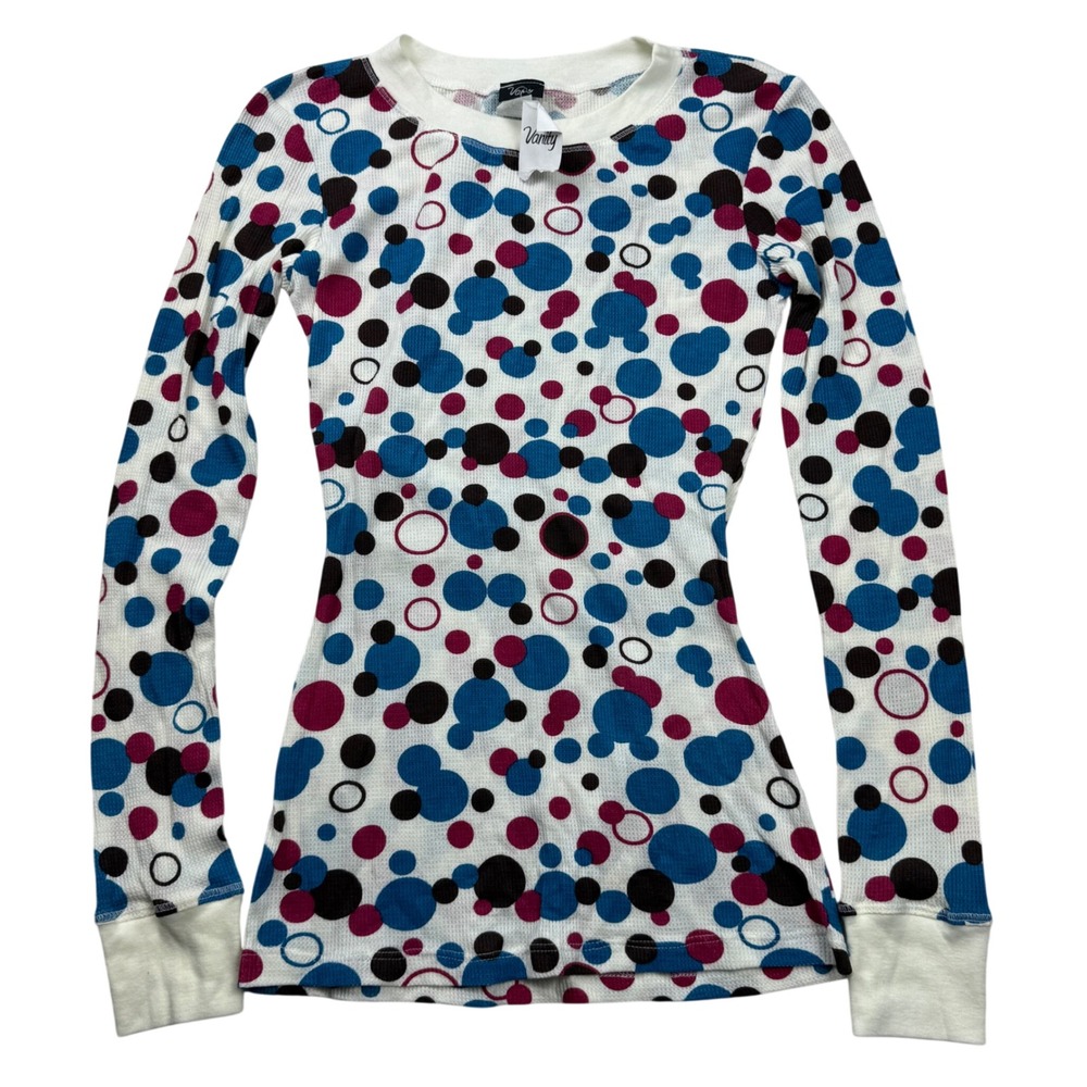 VTG Y2K Vanity Thermal Top Long Sleeve Polka Dot Waffle Knit Fitted S Made USA